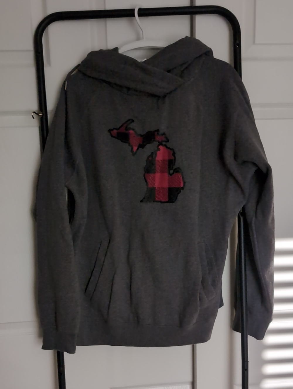 Gray Women's Hooded Sweater with Red Plaid Michigan Patch